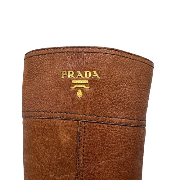 PRADA LIGHT BROWN / GOLD LOGO PLAQUE DISTRESSED LEATHER HIGH BOOTS - Picture 9 of 9